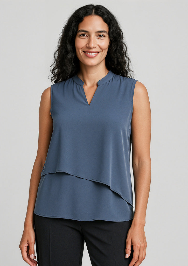 Seville Womens Sleeveless Layered Blouse - Storm Blue - Model