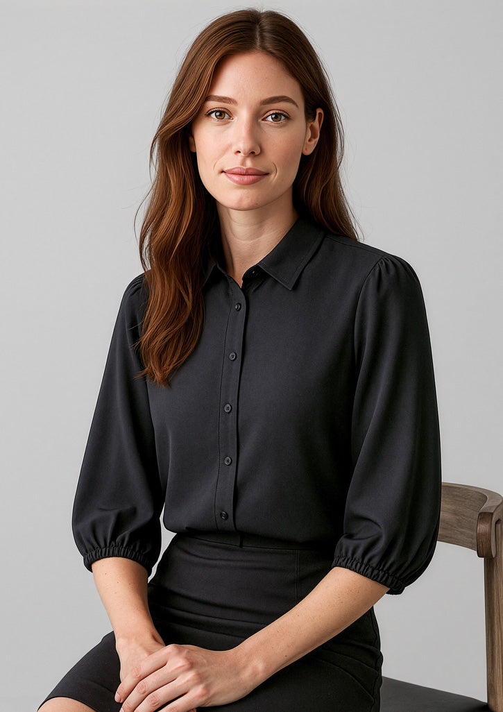 Lucy Womens 3/4 Sleeve Blouse - Black - Model