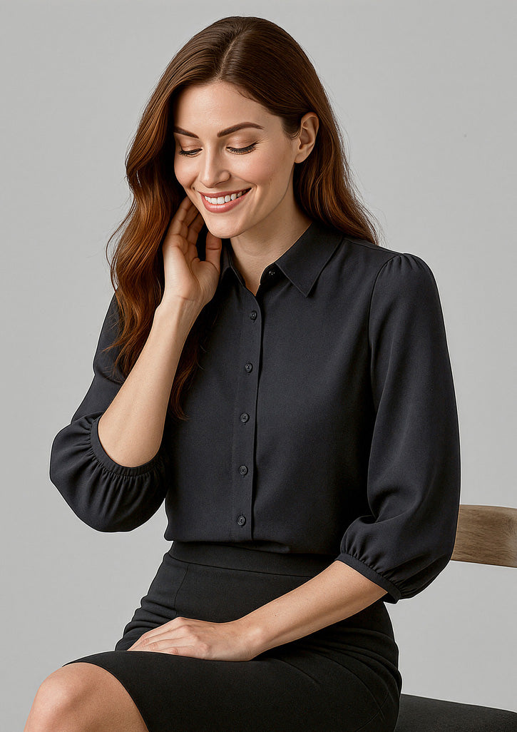 Lucy Womens 3/4 Sleeve Blouse - Black - Model