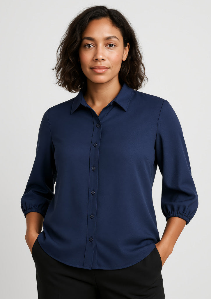 Lucy Womens 3/4 Sleeve Blouse - Navy - Model