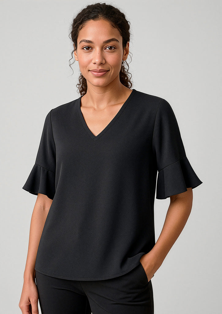 Aria Womens Fluted Sleeve Blouse - Black - Model