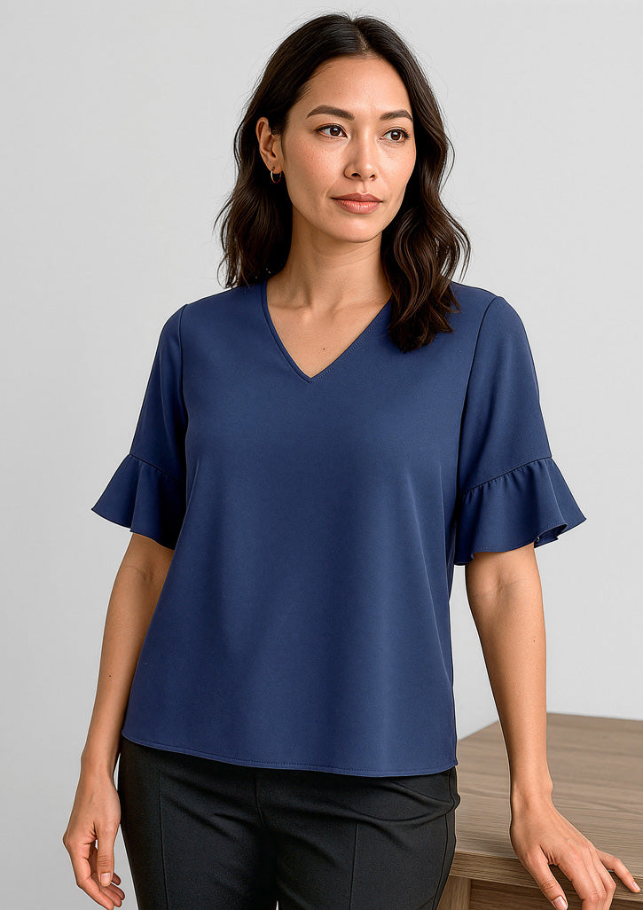 Aria Womens Fluted Sleeve Blouse - Navy - Model
