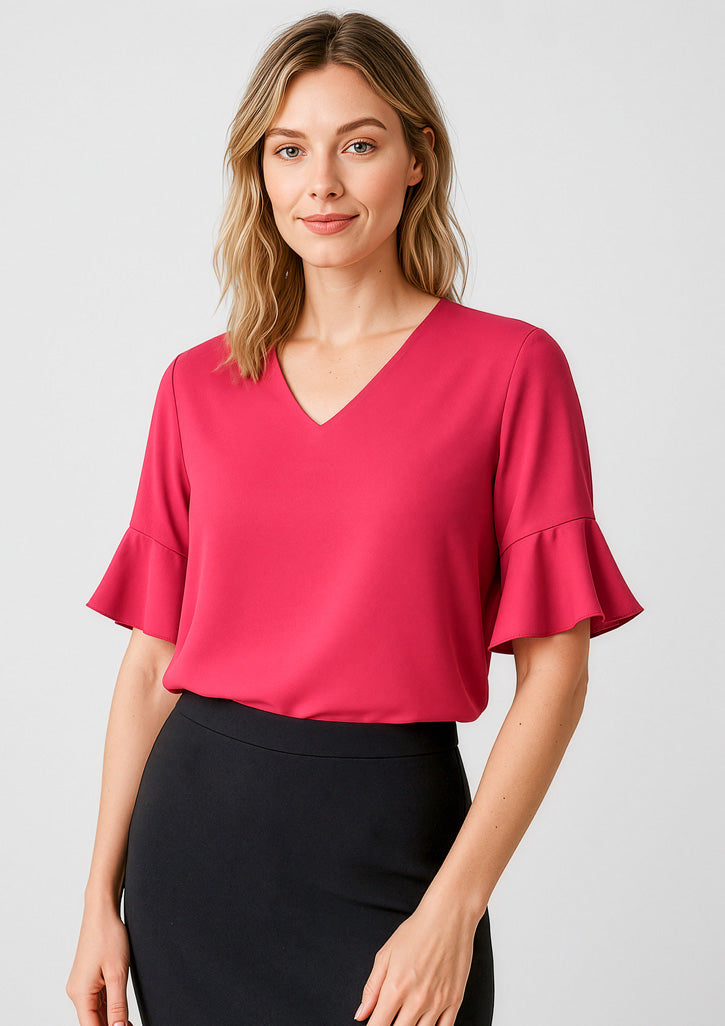 Aria Womens Fluted Sleeve Blouse - Raspberry - Model
