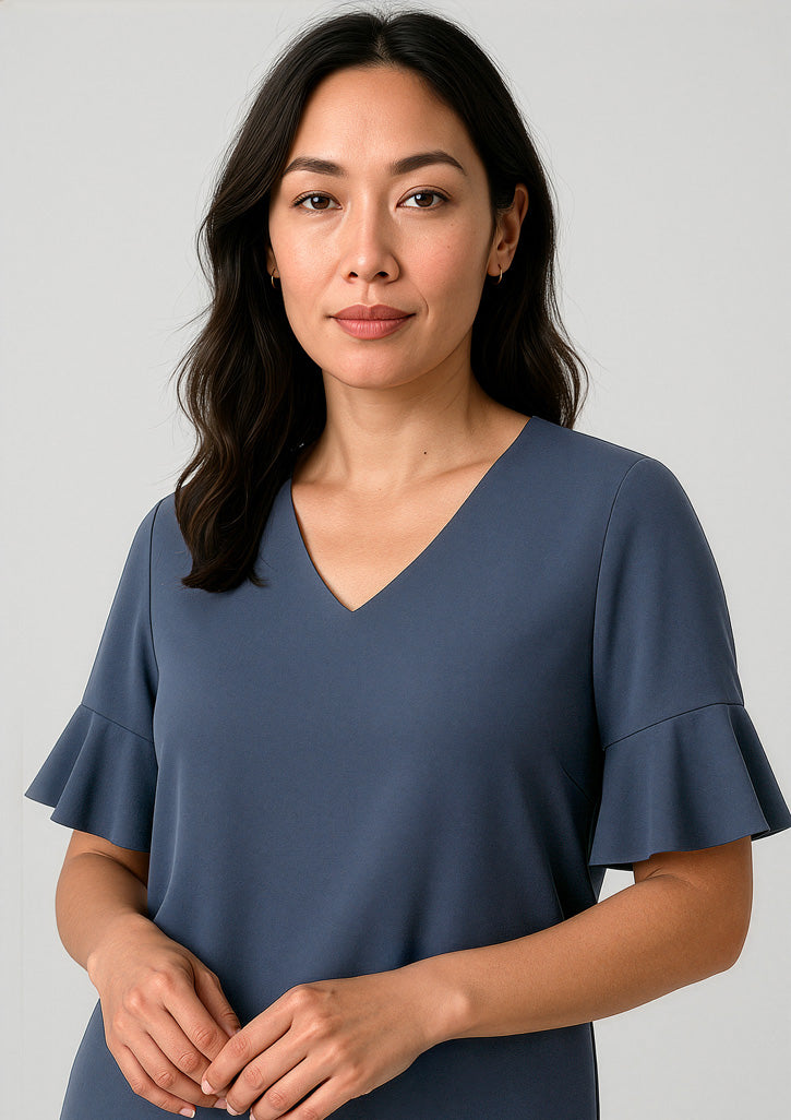Aria Womens Fluted Sleeve Blouse - Storm Blue - Model