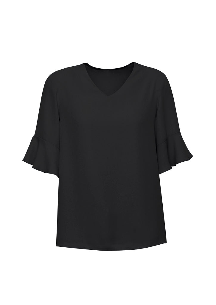 Aria Womens Fluted Sleeve Blouse - Black - Front