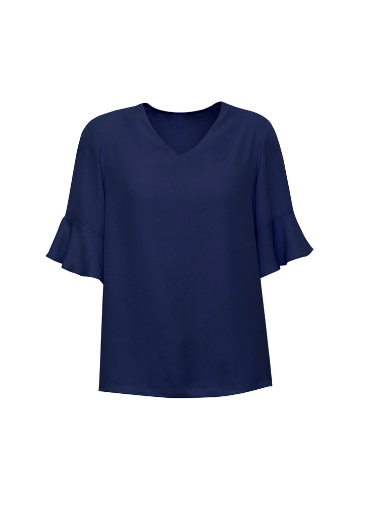 Aria Womens Fluted Sleeve Blouse - Navy - Front