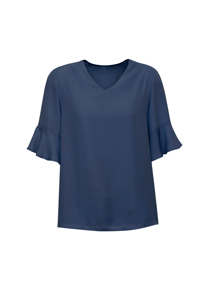 Aria Womens Fluted Sleeve Blouse - Storm Blue - Front