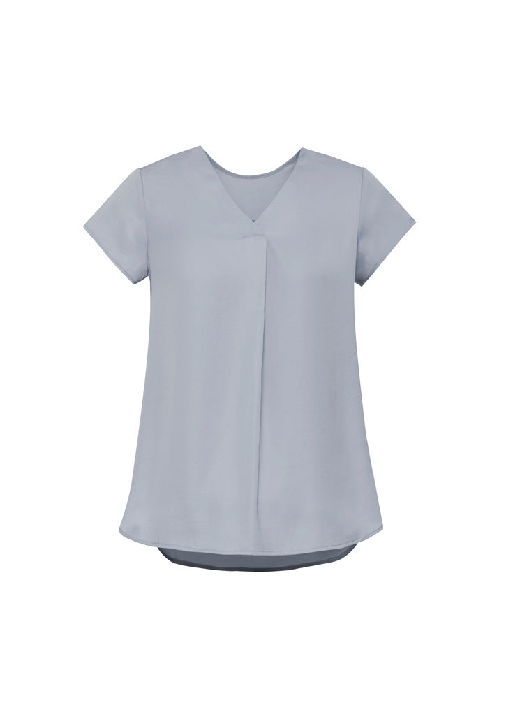 Kayla Womens V-Neck Pleat Blouse - Silver - Front