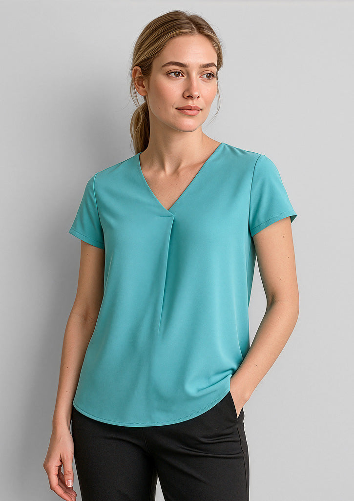 Kayla Womens V-Neck Pleat Blouse - Aqua - Model