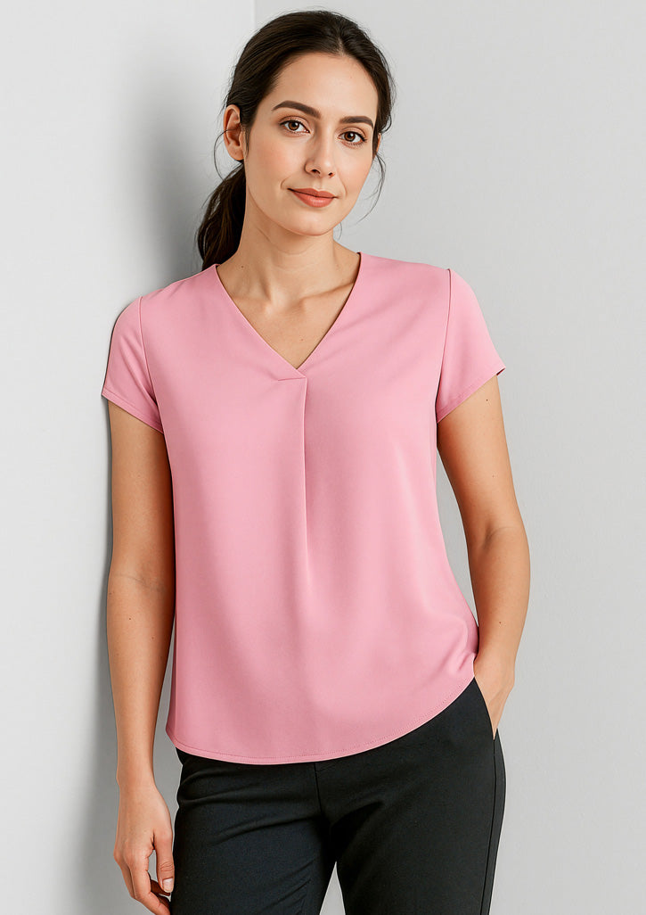 Kayla Womens V-Neck Pleat Blouse - Dusty Rose - Model