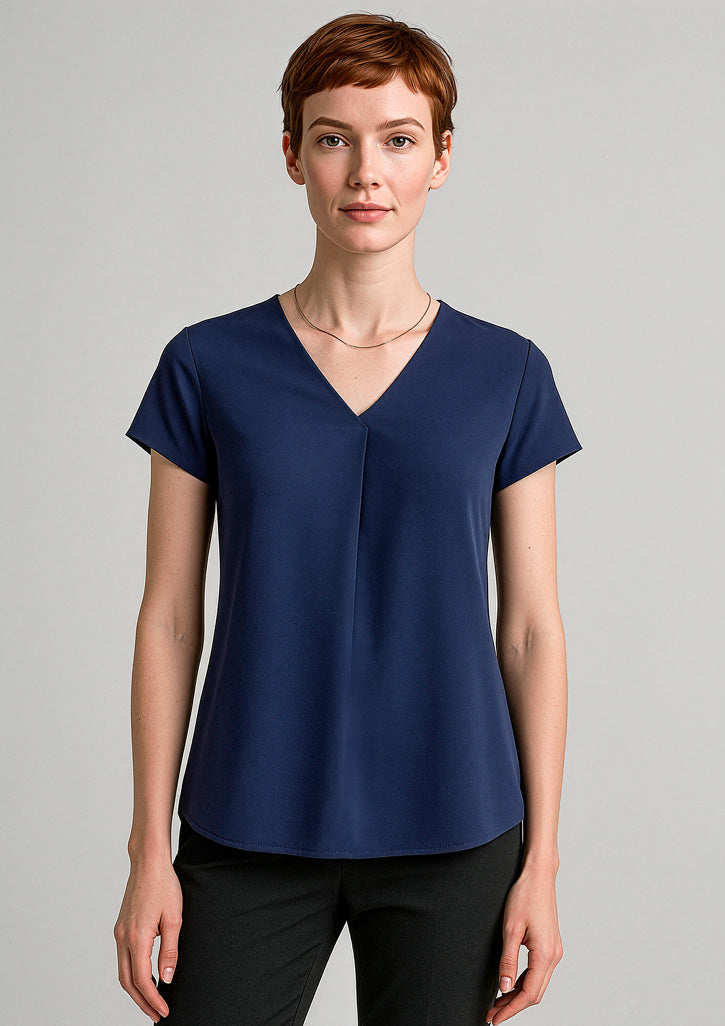 Kayla Womens V-Neck Pleat Blouse - Navy - Model