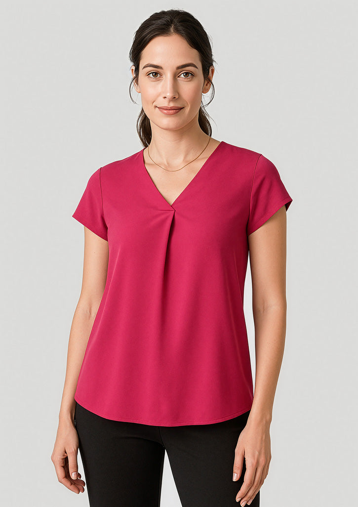 Kayla Womens V-Neck Pleat Blouse - Raspberry - Model