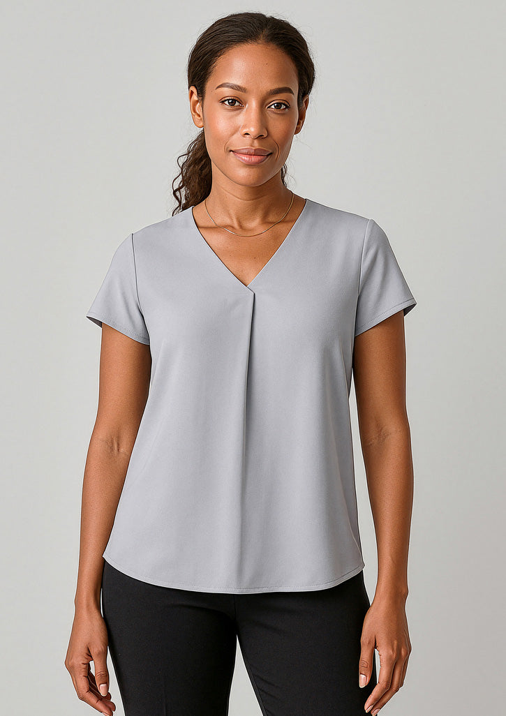 Kayla Womens V-Neck Pleat Blouse - Silver - Model