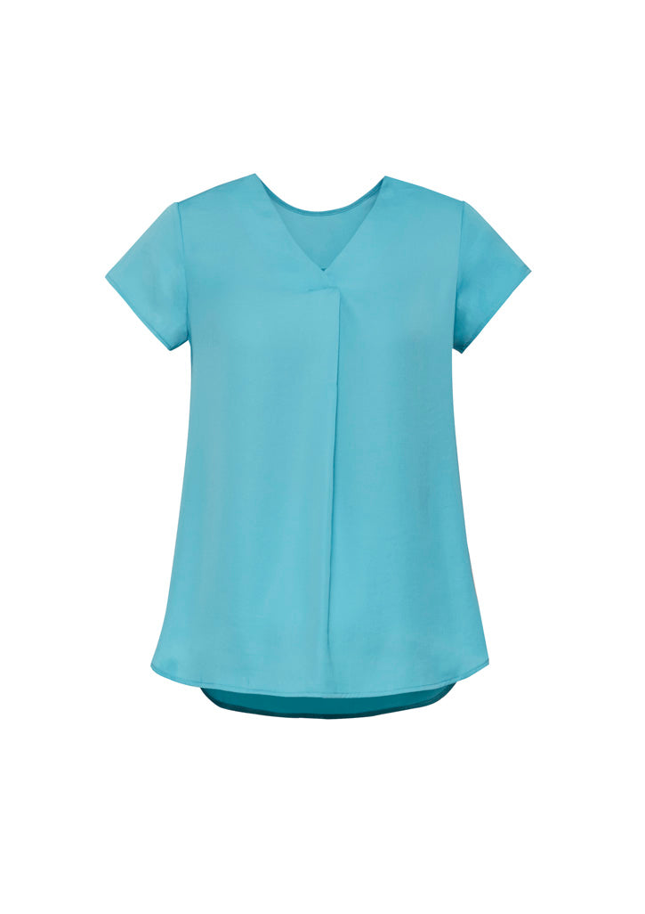 Kayla Womens V-Neck Pleat Blouse - Aqua - Front