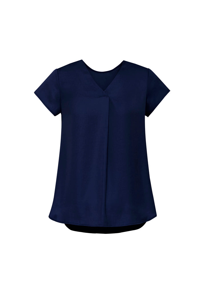 Kayla Womens V-Neck Pleat Blouse - Navy - Front