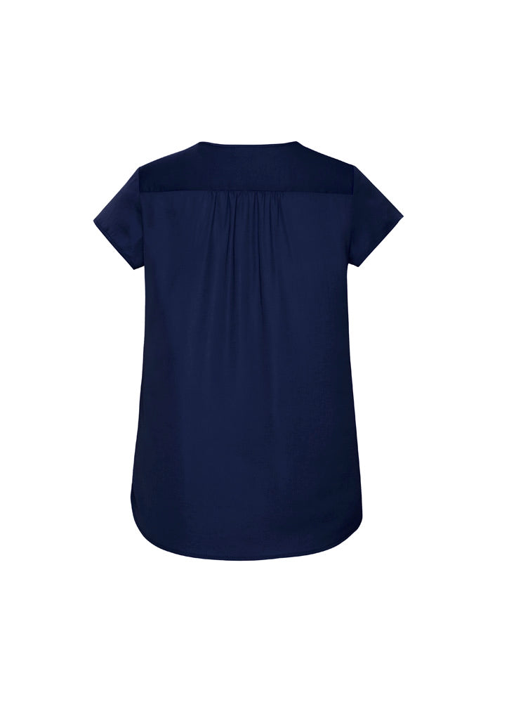 Kayla Womens V-Neck Pleat Blouse - Navy - Back