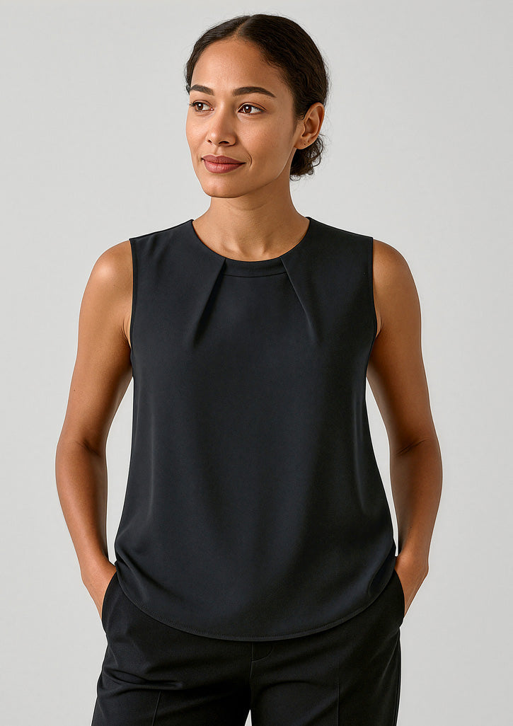 Estelle Womens Sleeveless Pleat Detail Blouse - Black - Model