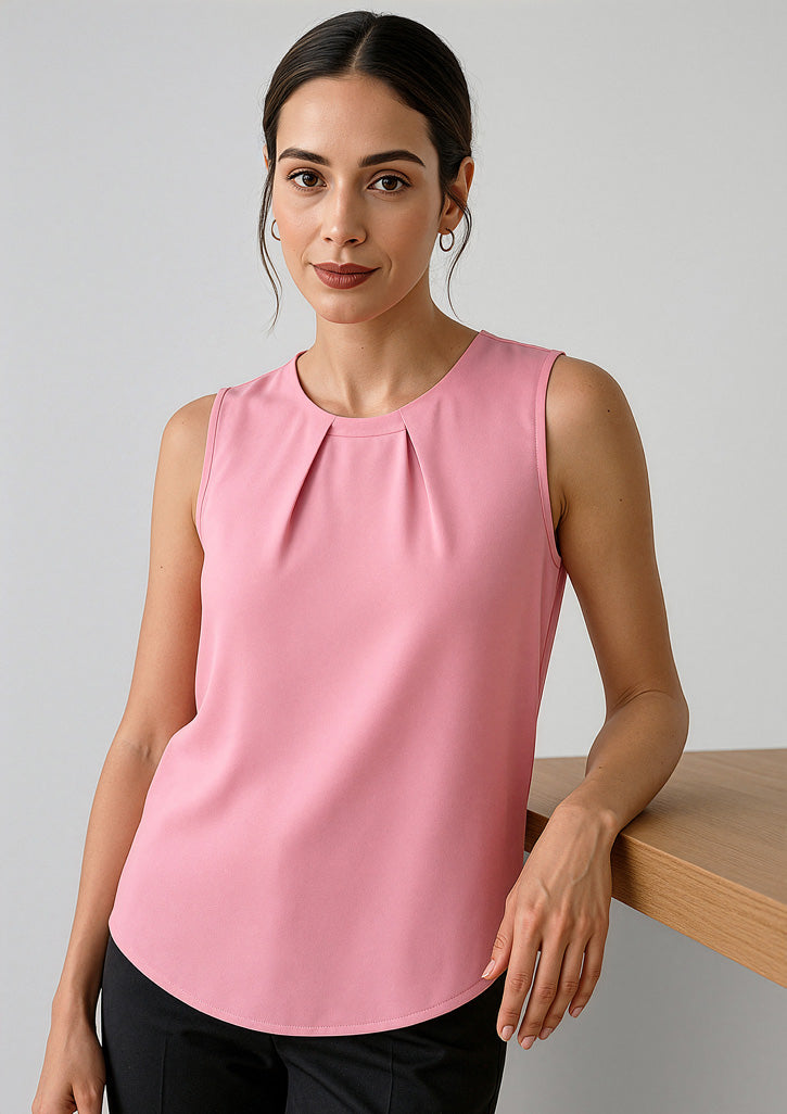 Estelle Womens Sleeveless Pleat Detail Blouse - Dusty Rose - Model