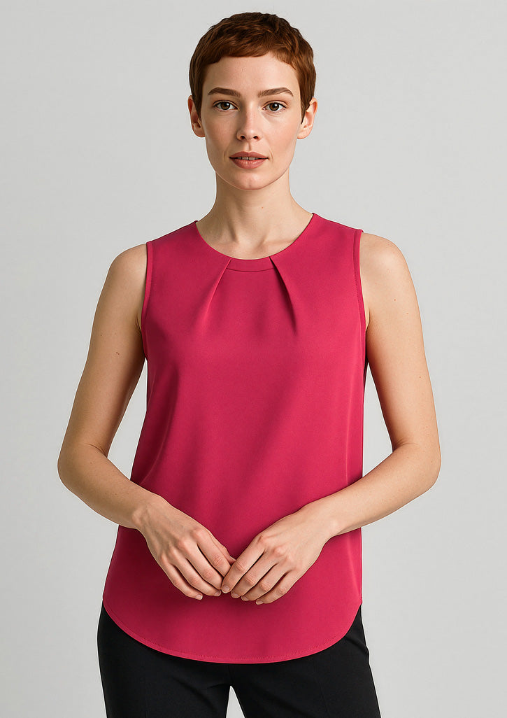 Estelle Womens Sleeveless Pleat Detail Blouse - Raspberry - Model