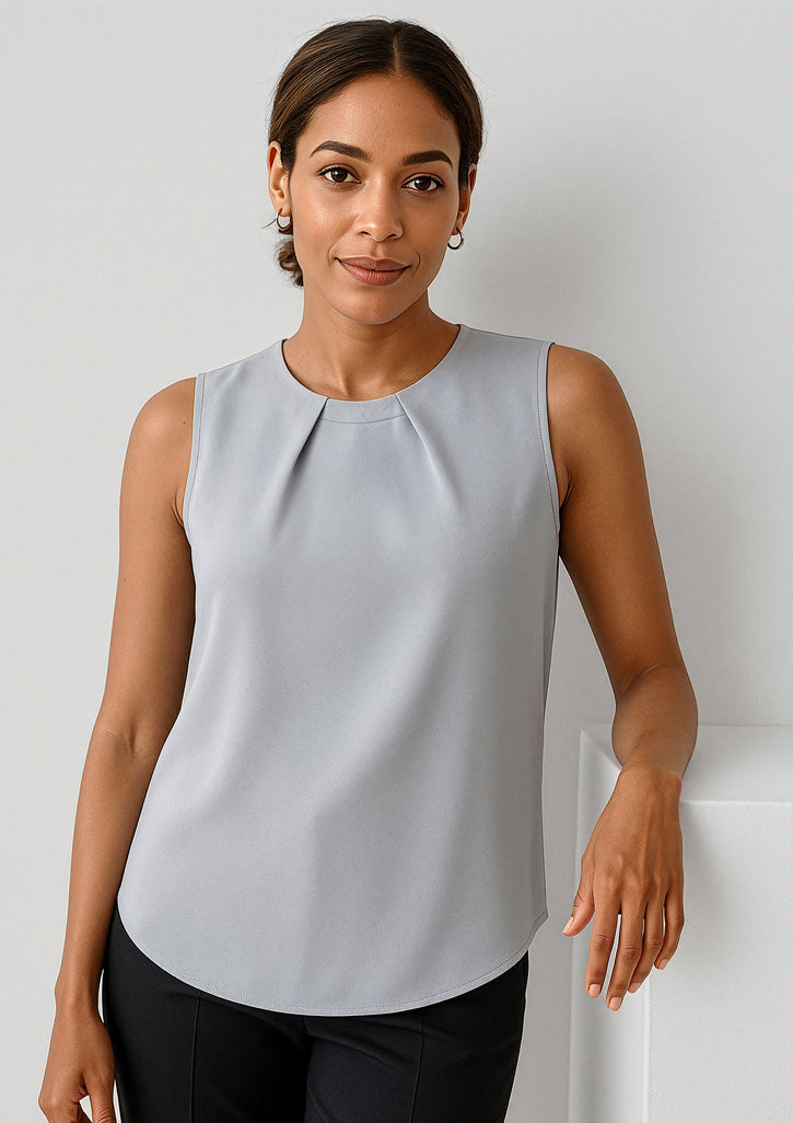 Estelle Womens Sleeveless Pleat Detail Blouse - Silver - Model