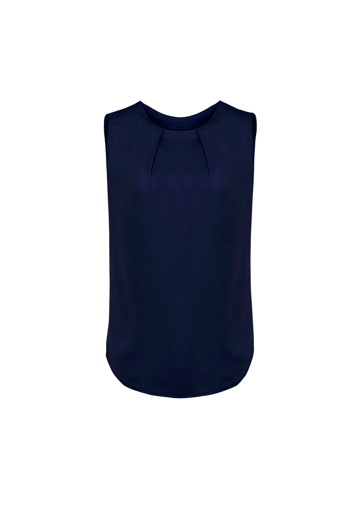 Estelle Womens Sleeveless Pleat Detail Blouse - Navy - Front