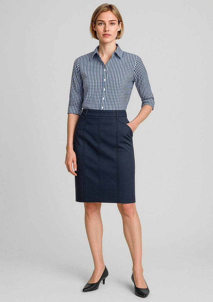 Traveller Womens Mid Waist Stretch Chino Skirt - Navy - Model