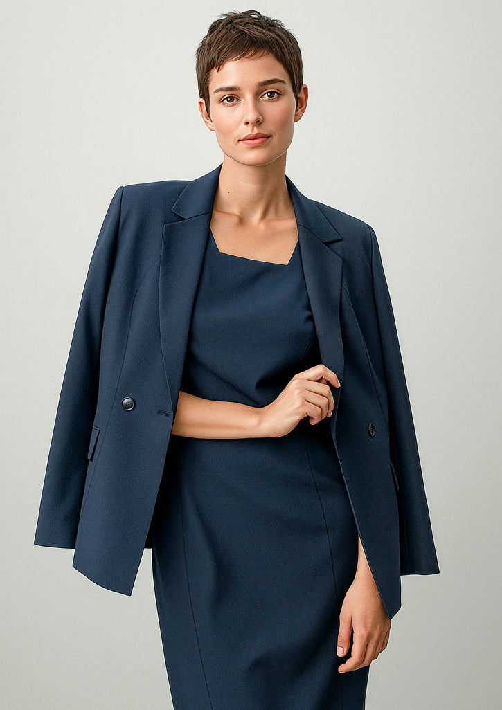 Renew Womens Double Breasted Longline Jacket - Navy Dusk - Model
