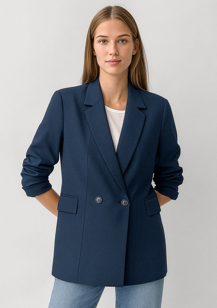 Renew Womens Double Breasted Longline Jacket - Navy Dusk - Model