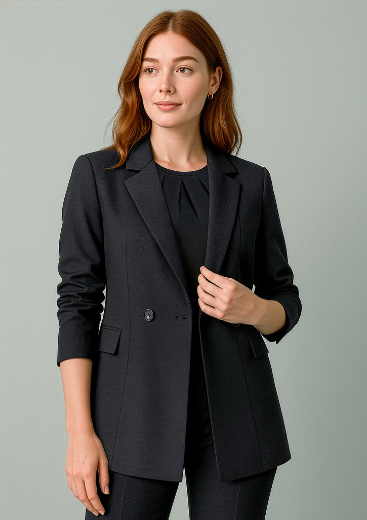 Renew Womens Double Breasted Longline Jacket - Pencil Black - Model