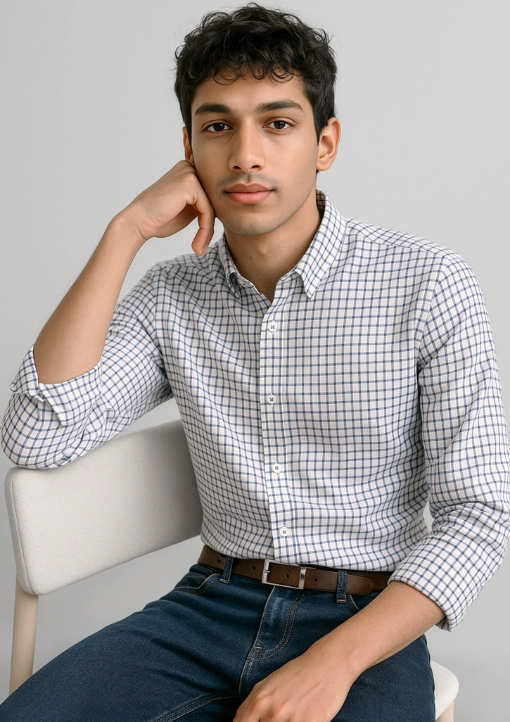 Noah Mens Long Sleeve Shirt - White/Storm Blue Check - Model