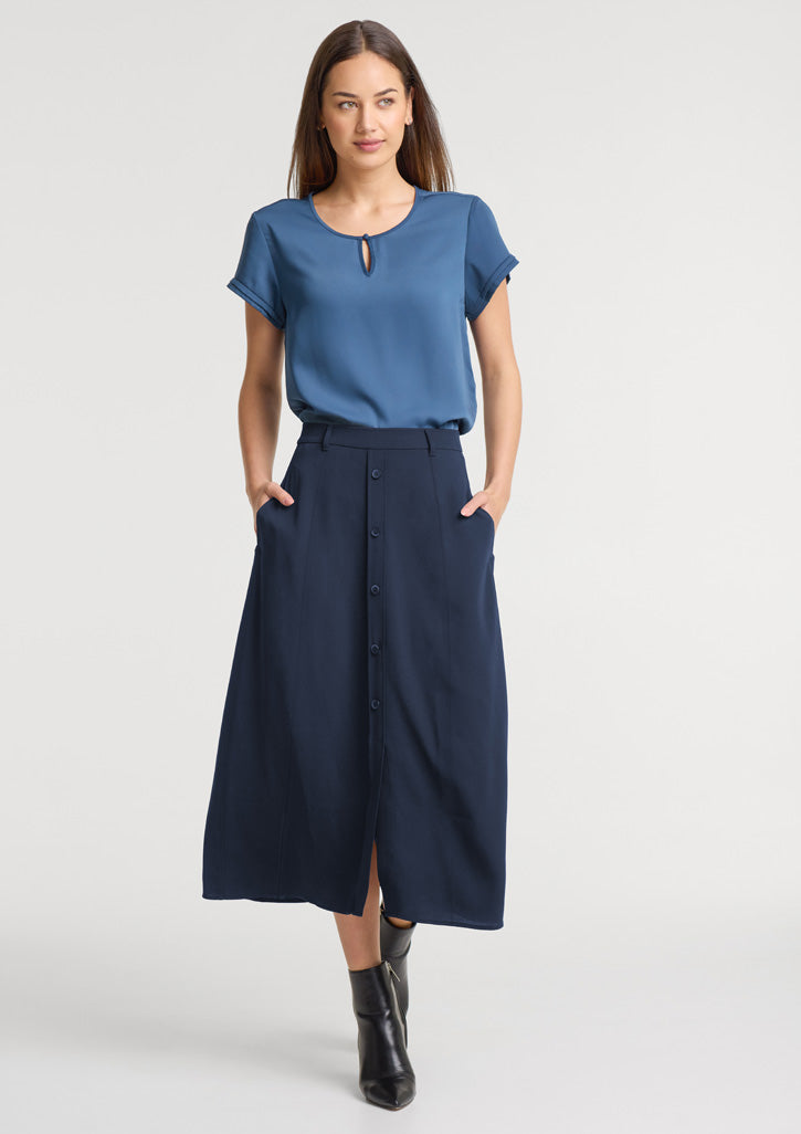 Evelyn Womens Short Sleeve Blouse - Mineral Blue - Model