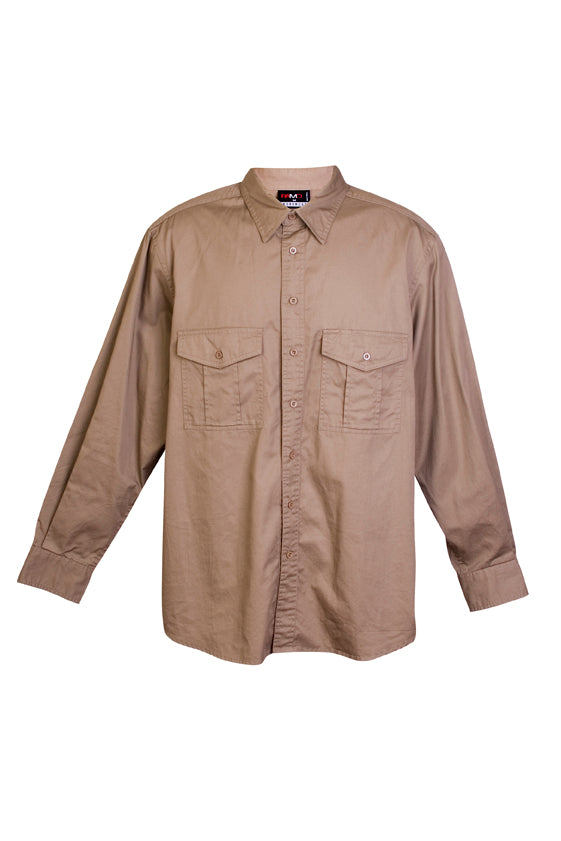 Cotton Drill  Work long Sleeve Shirt - Khaki - Front