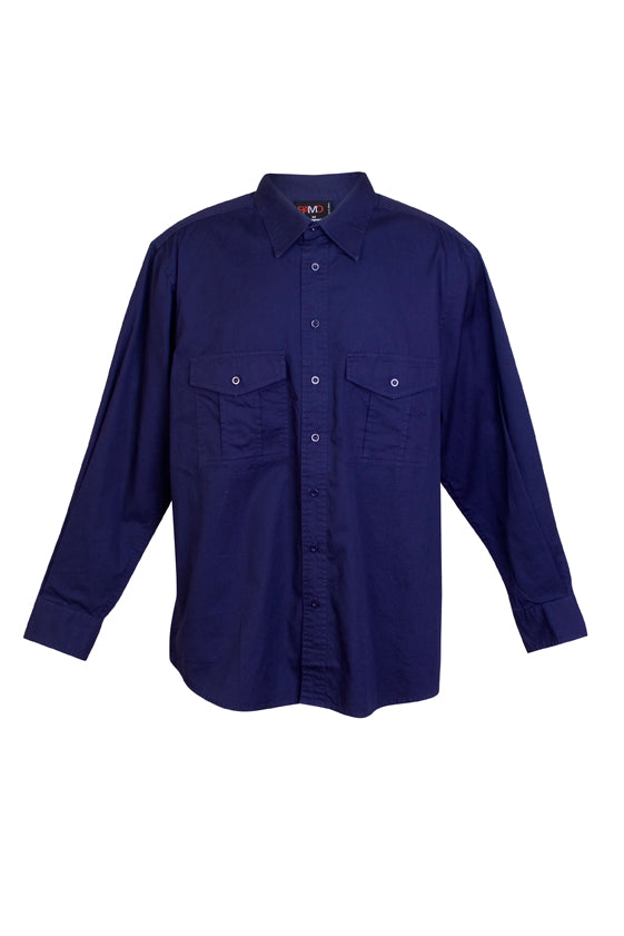 Cotton Drill  Work long Sleeve Shirt - Navy Blue - Front