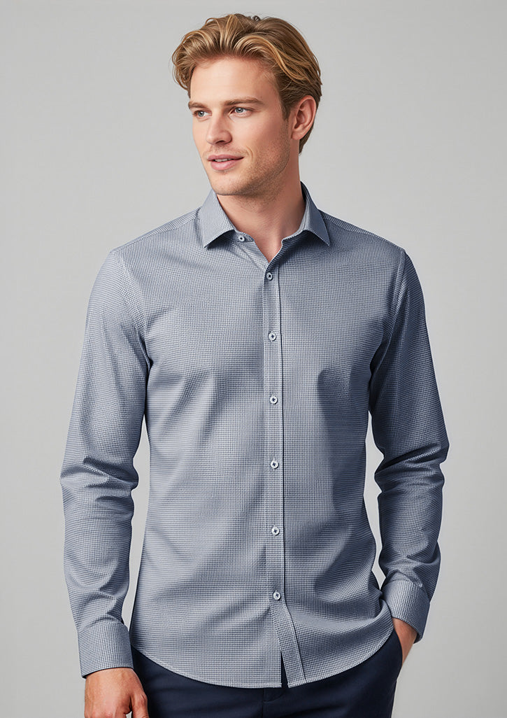 Bristol Mens Tailored Long Sleeve Shirt - White/Navy - Model