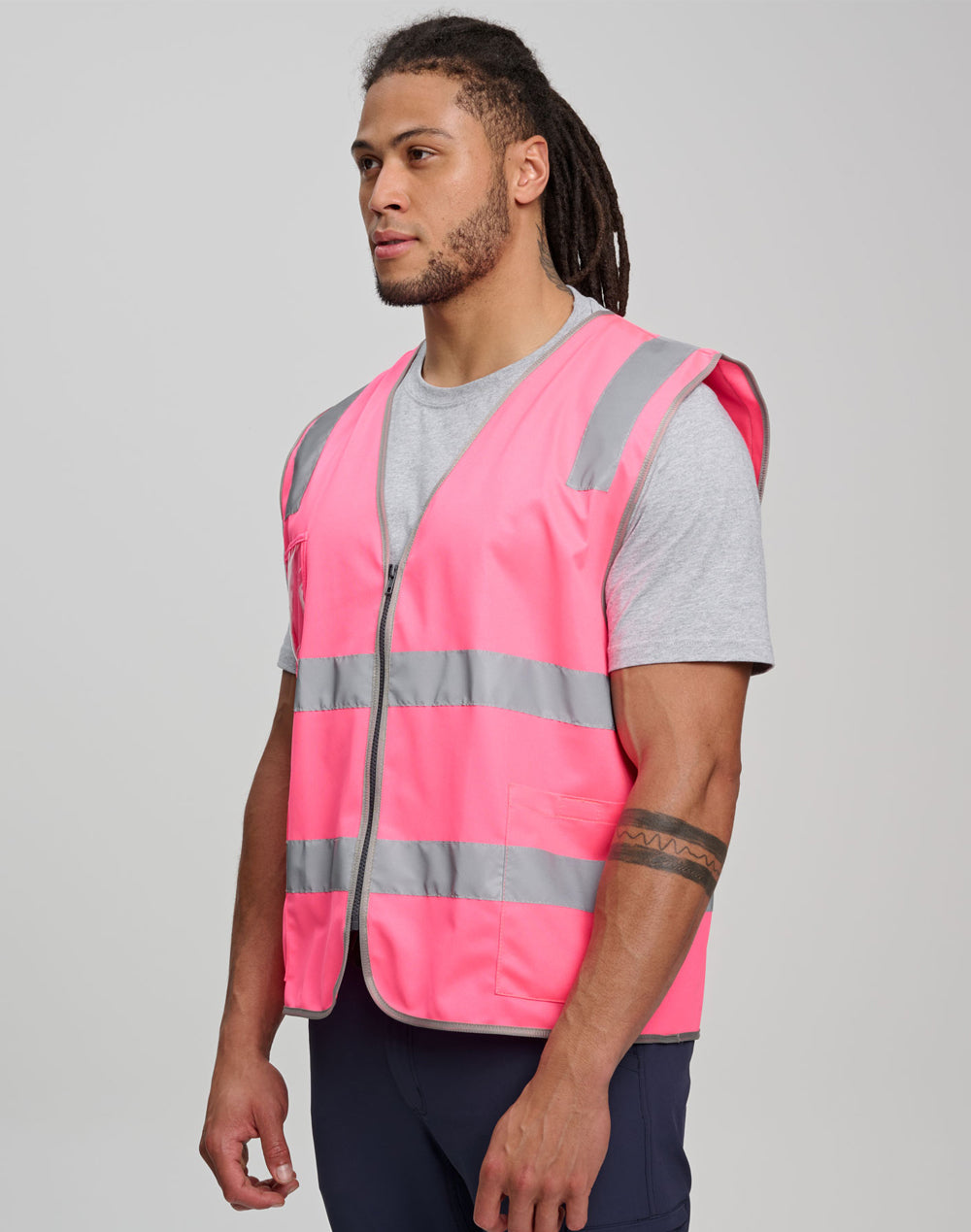 Unisex Hi-Vis Safety Vest with ID & Utility Pockets - Pink - Model