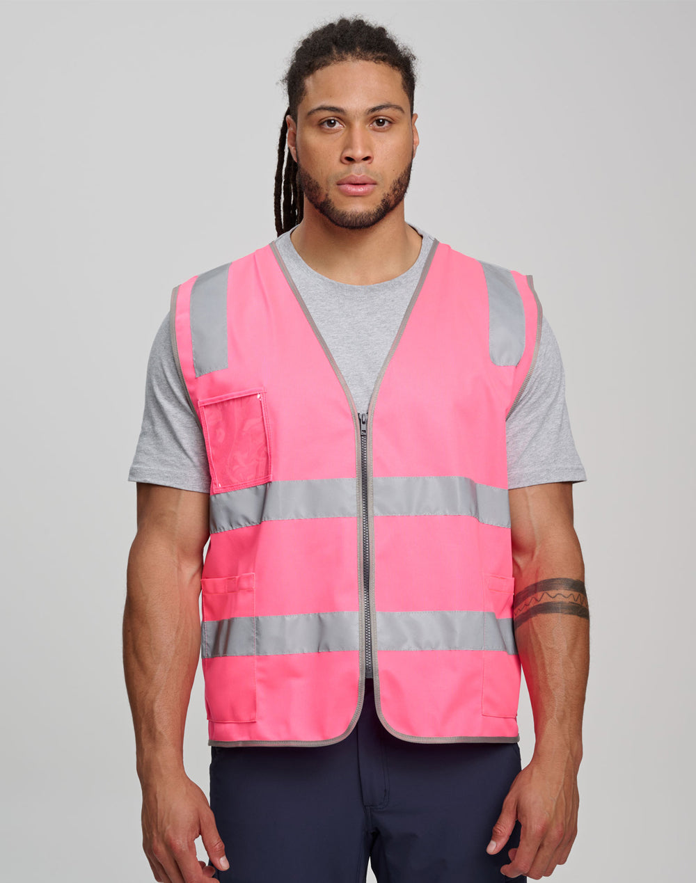 Unisex Hi-Vis Safety Vest with ID & Utility Pockets - Pink - Model