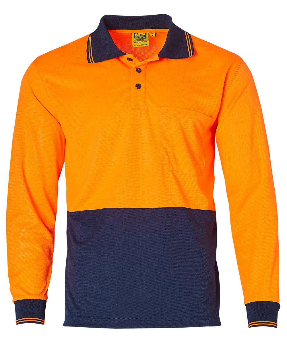 High Visibility Long Sleeve Polo - FluoroOrange/Navy - Front