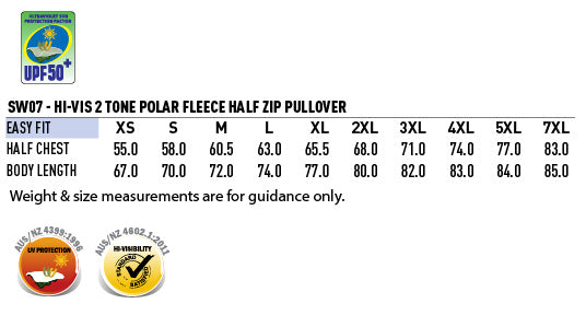 Hi-Vis 2 Tone Polar Fleece - Size guide