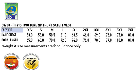 Hi-Vis Two Tone Vest - Size guide
