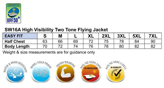 Hi-Vis Two Tone Flying Jacket - Size guide