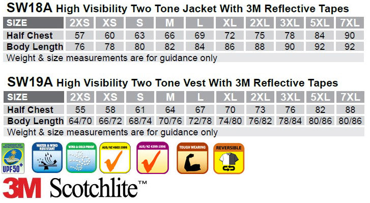 Hi-Vis Reversible Vest And Jacket - Size guide