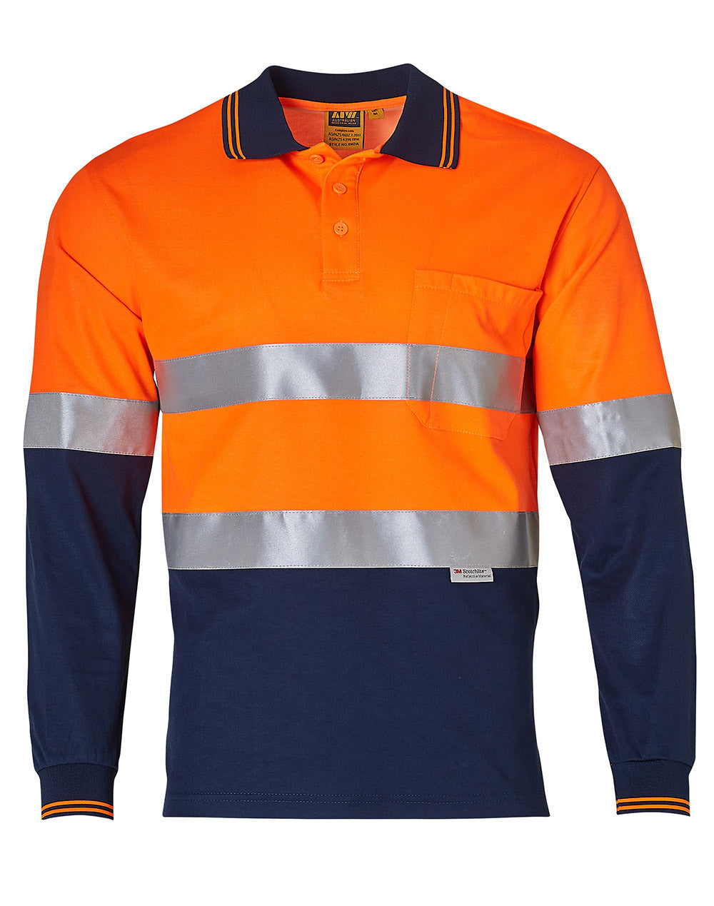 Long Sleeve Safety Polo - Orange/Navy - Front