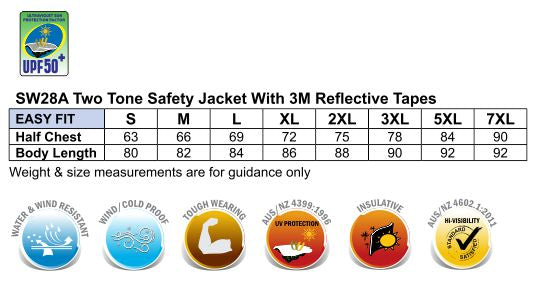Hi-Vis Two Tone Rain Proof Jacket With Quilt Lining - Size guide