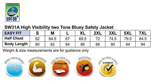 Hi-Vis Two Tone Bluey Jacket - Size guide