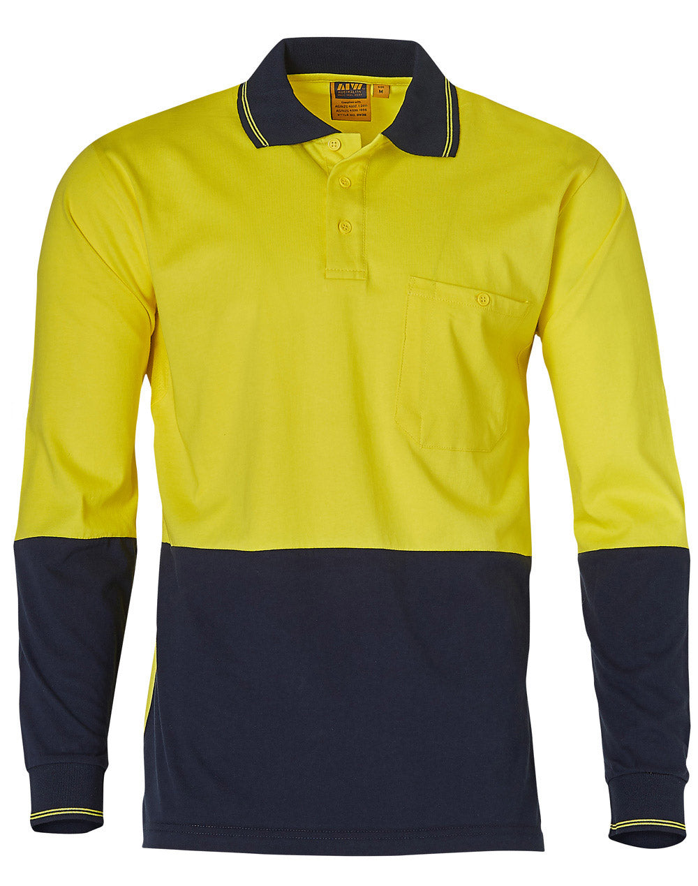 Cotton Jersey two tone Long Sleeve Safety Polo - Yellow/Navy - Front