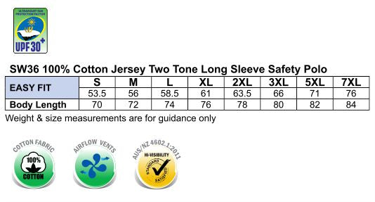 Cotton Jersey two tone Long Sleeve Safety Polo - Size guide