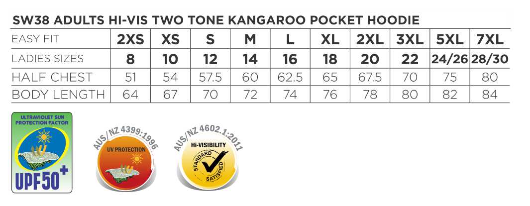 Hi-Vis Two Tone Fleecy Hoodie Unisex - Size guide