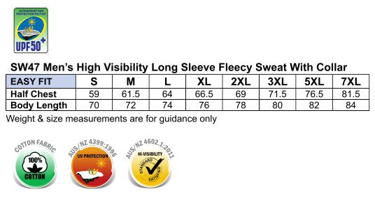 Hi-Vis Two Tone Cotton Fleecy Sweat - Size guide