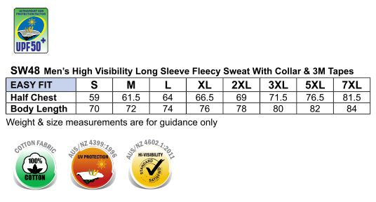 Hi-Vis Two Tone Cotton Fleece Sweat - Size guide