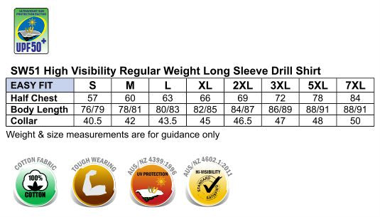 Men's Hi-Vis L/S Drill Shirt - Size guide